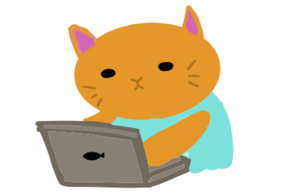 コンピューターを使って働く猫