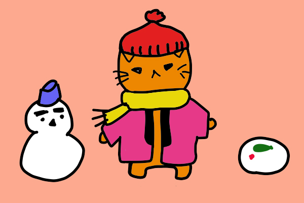 ちゃんちゃんこを着ている猫と雪だるま