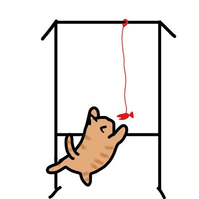 ぶら下がり健康器に結んだ紐で遊ぶ猫