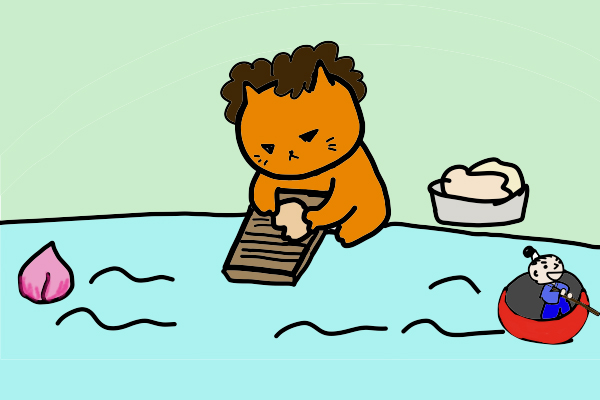 猫のおばちゃあこは川で洗濯をしています。桃が川上から流れてきます。一寸法師は川を下っています。