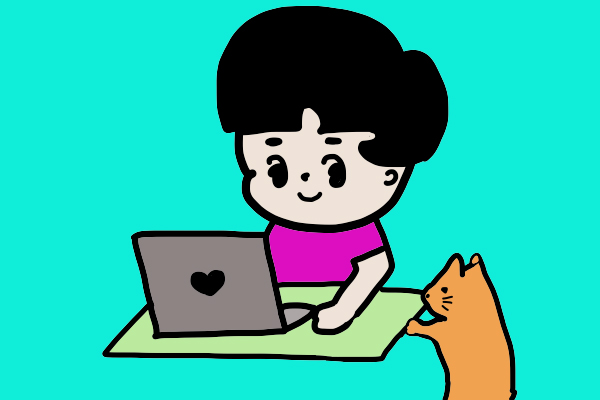 女の子がパソコンを使っている。飼い猫がのぞいているイラスト。