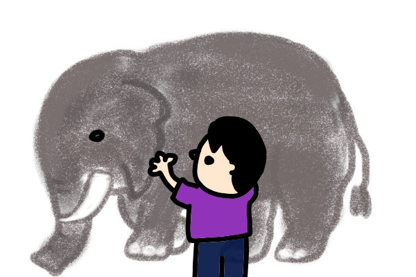 象の耳を触る盲人